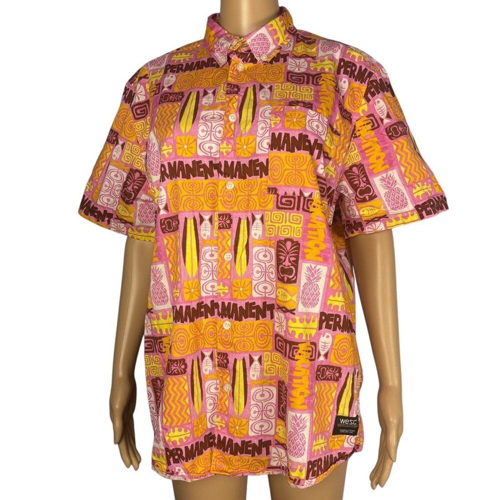 WESC Button Up Shirt Top Oden Permanent Tiki AOP Camp Men’s Sz S MSRP $79